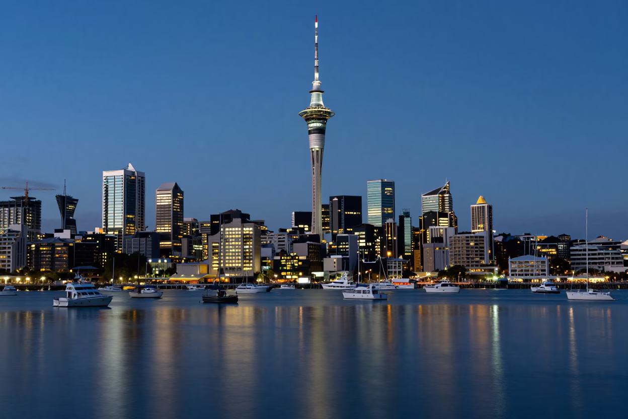 Lights Reflecting in Auckland at As City Lights Begin To Glow in in Auckland, New Zealand