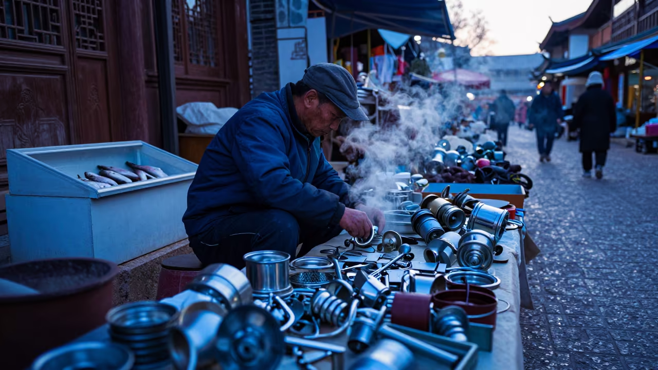 Lijiang Flea Market Junk Dealer Sorting Hardware in beside a fish counter in Lijiang