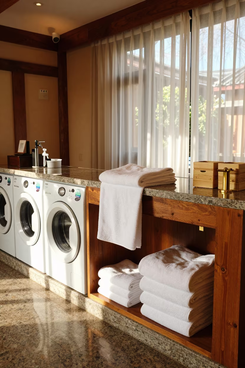 Lijiang Hotel Guest Laundry Folding Counter in at a reception desk under warm light in Lijiang