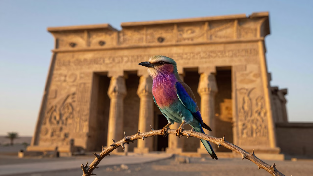 Lilac-breasted Roller Perched on Thorn Branch Against Luxor Temple at Sunset in in Luxor, Egypt