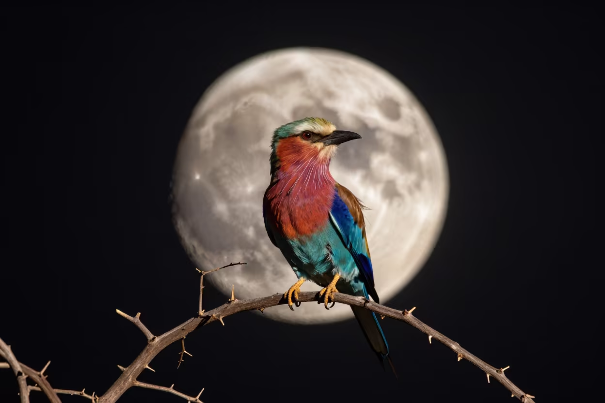 Lilac Roller Moon Branch Surreal in in South Africa
