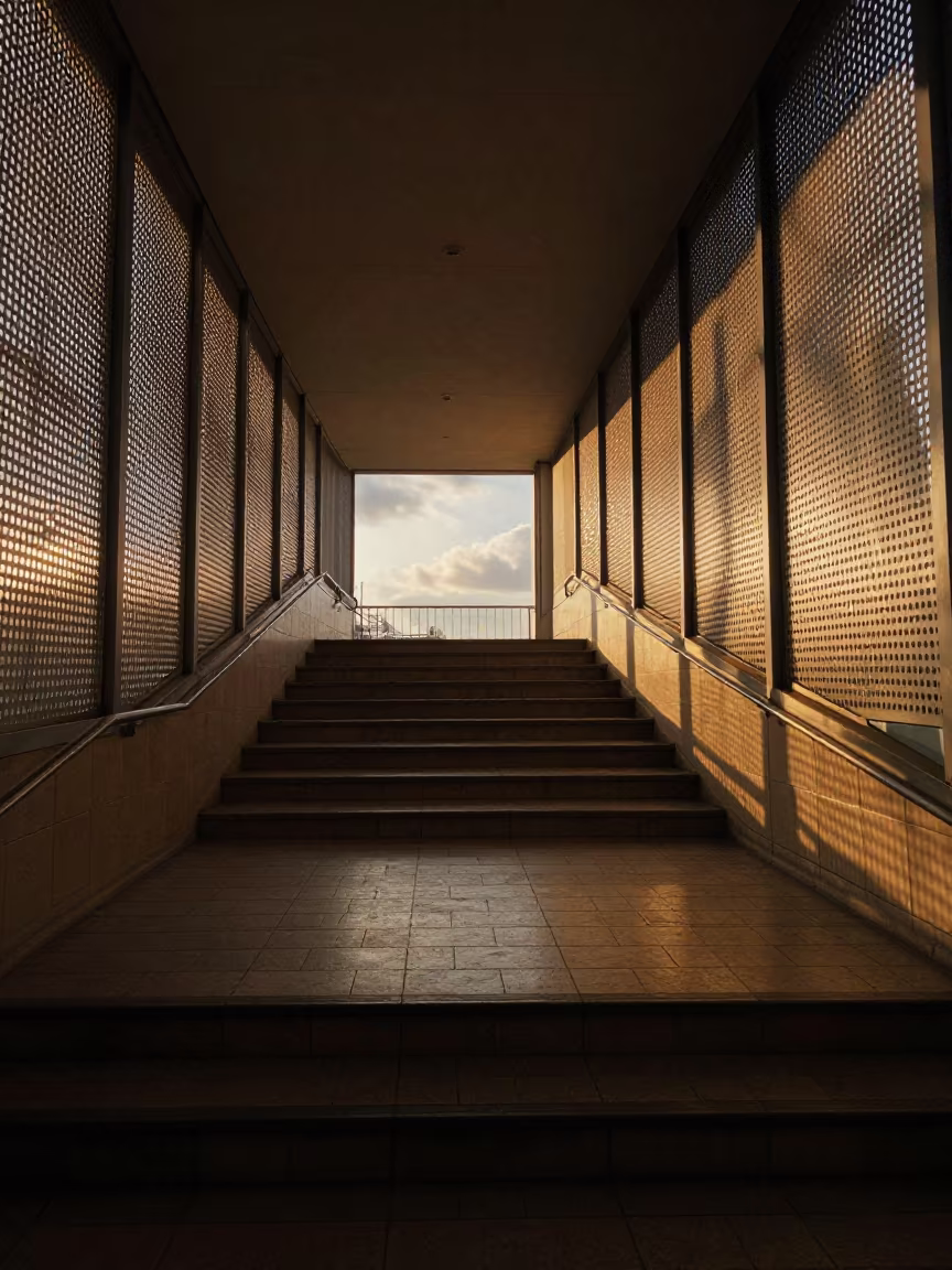 Lille Stair Hall Golden Hour Geometry in inside a tiled stair hall in Lille