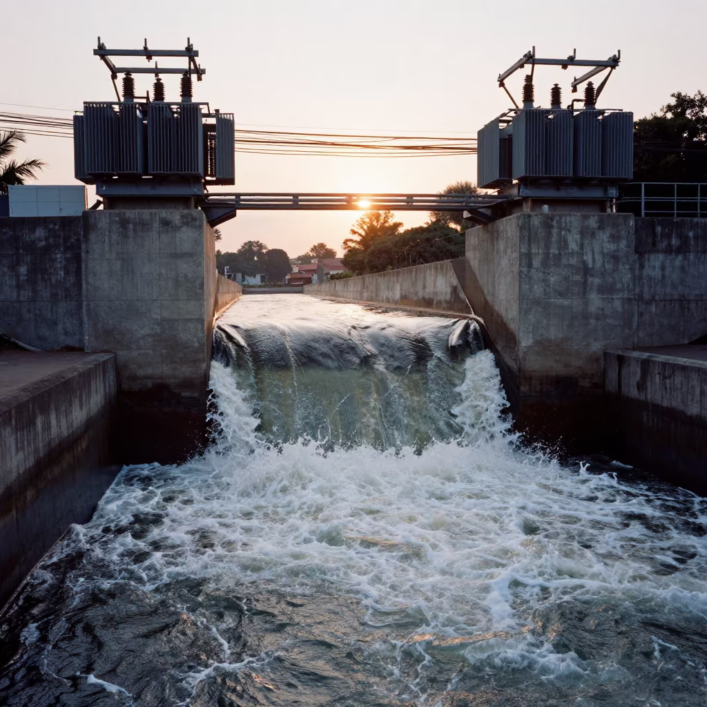 Lilongwe Dam Spillway Sunset Golden Hour in along concrete walls above turbulent water in Lilongwe