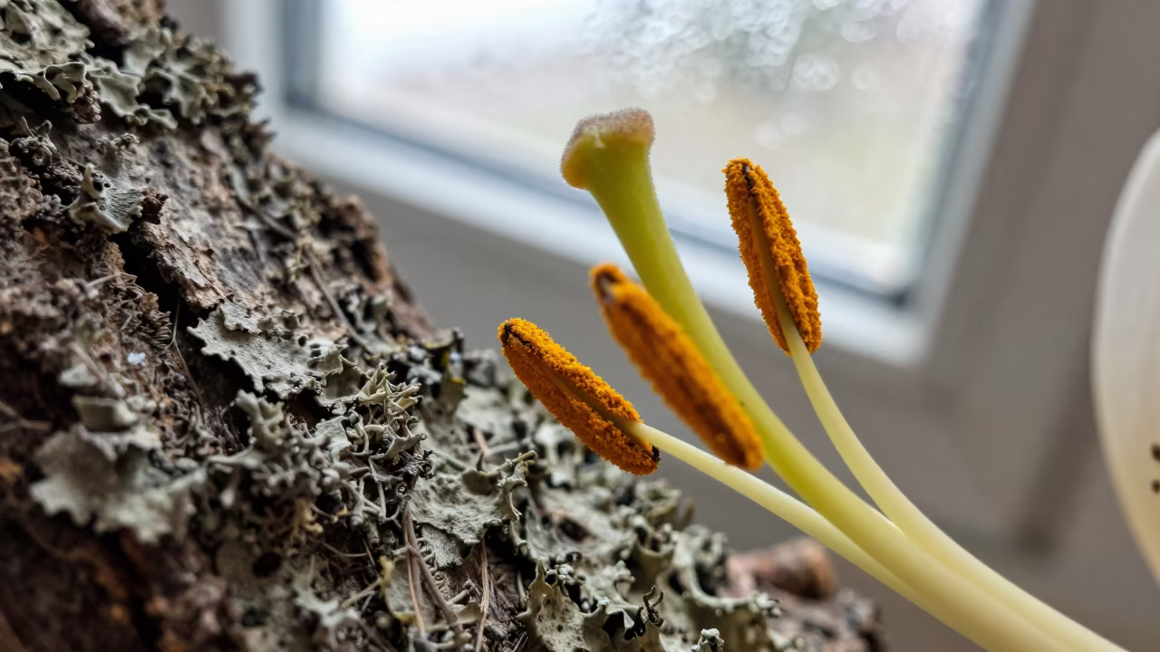 Lily Pollen Grain Macro on Lichen Bark in on lichen-covered bark near Tabriz