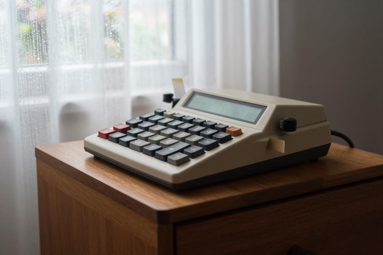 Lima Desk Calculator Window Light Wet Season in on a bedside table in Lima