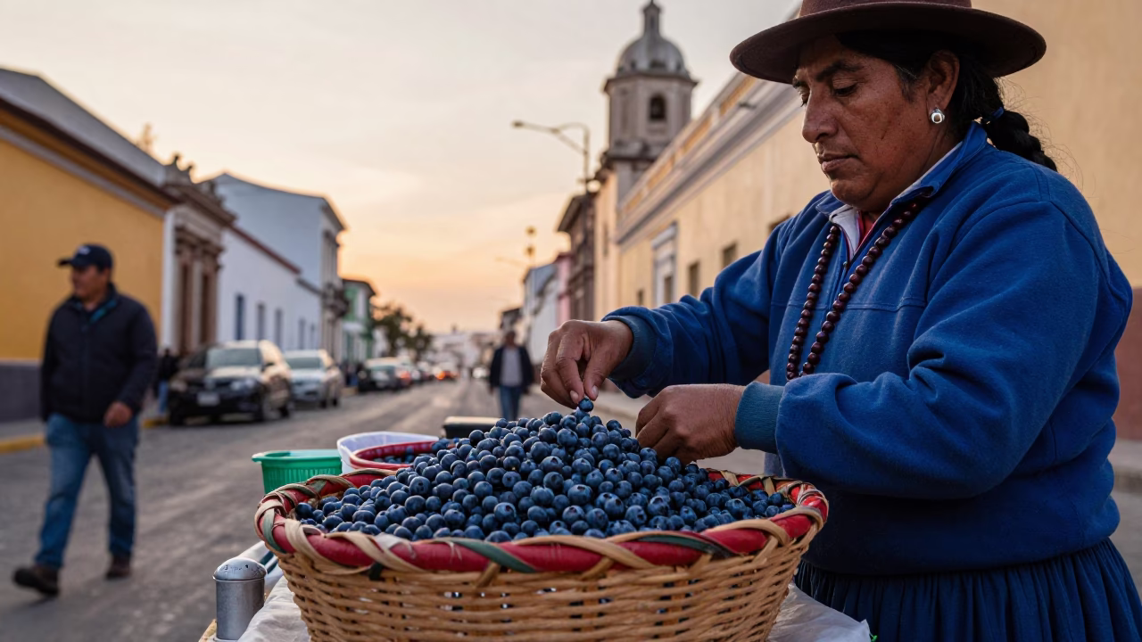 Lima Golden Hour Street Scene with Blueberries and Prayer Beads in in Lima, Peru