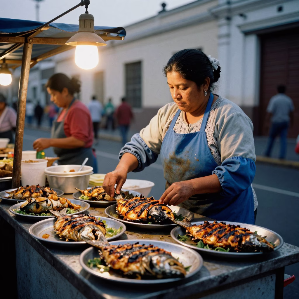 Lima Grilled Fish at The Early Evening Light in in Lima, Peru
