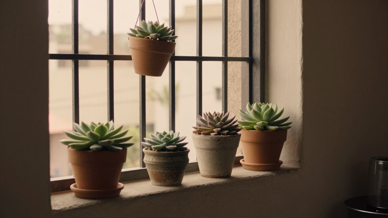 Lima Kitchen Window View With Potted Succulents And Hanging Laundry in in Lima, Peru