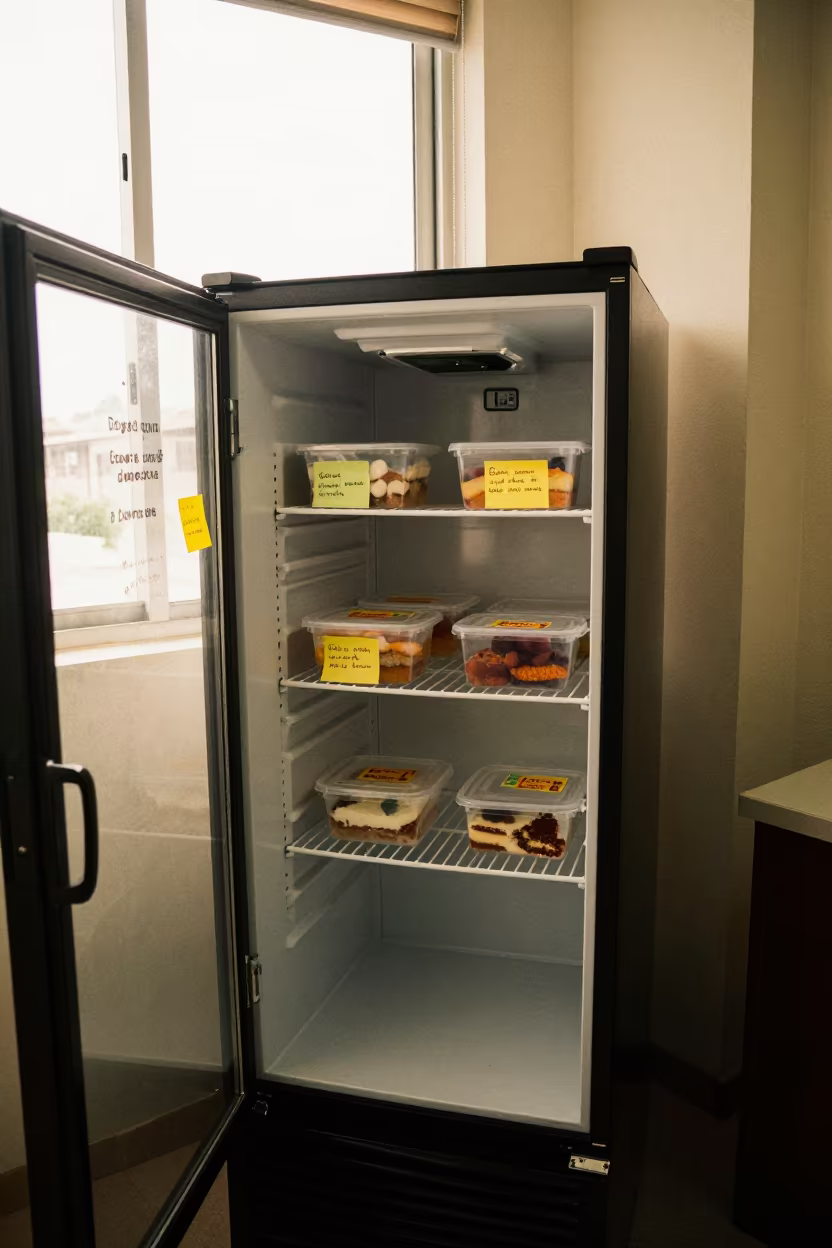 Lima Office Break Room Fridge with Lunches and Notices in inside a conference room in Lima