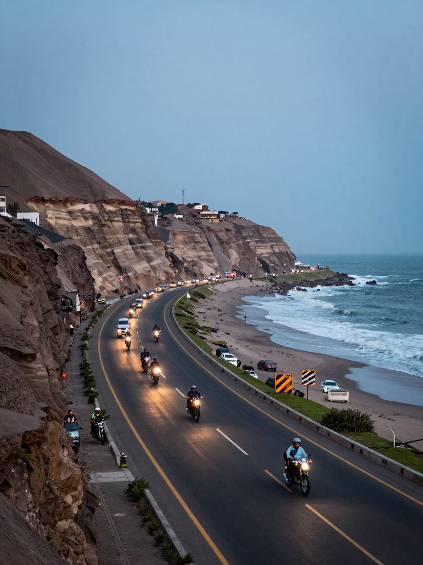 Lima Peru Blue Hour Coastal Highway Motorcycle Traffic and Cliffside Fossil Layers in in Lima, Peru