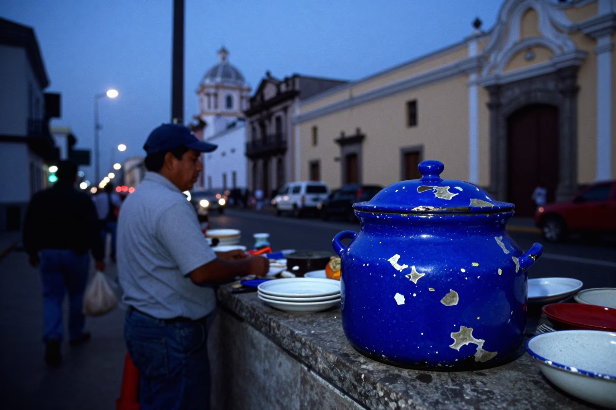 Lima Peru Blue Hour Street Scene with Chipped Blue Enamel and Ceramic Bowl in in Lima, Peru