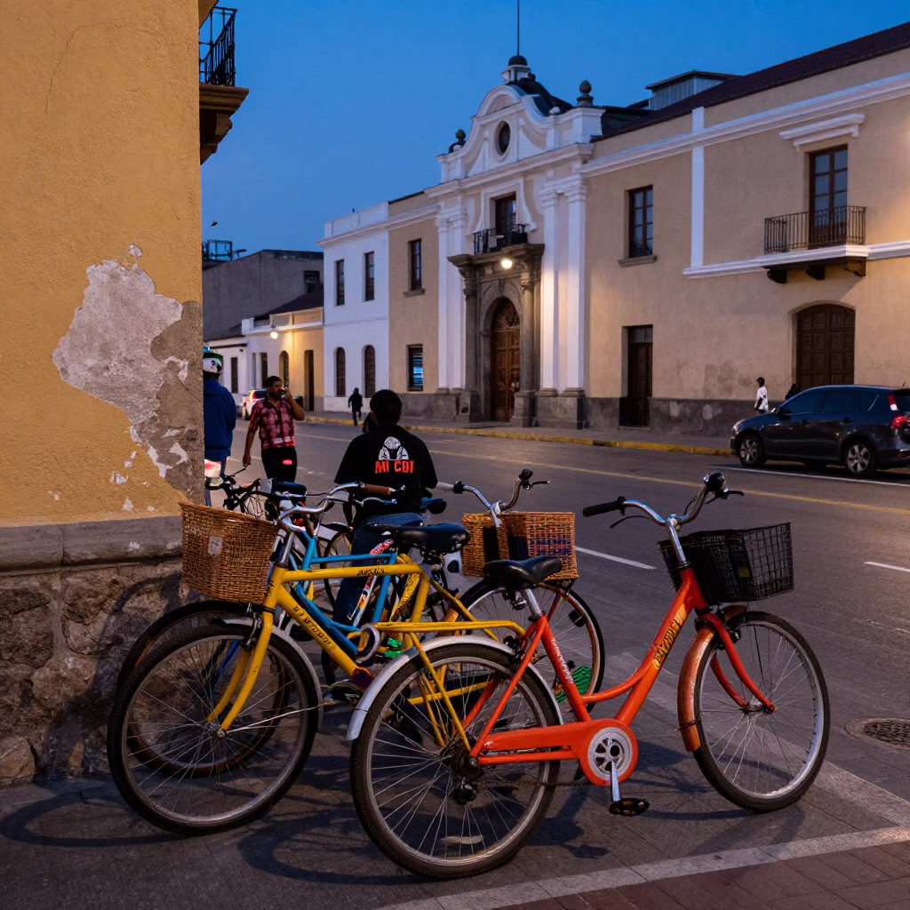 Lima Peru Blue Hour Street Scene with Colorful Bicycles and Urban Architecture in in Lima, Peru