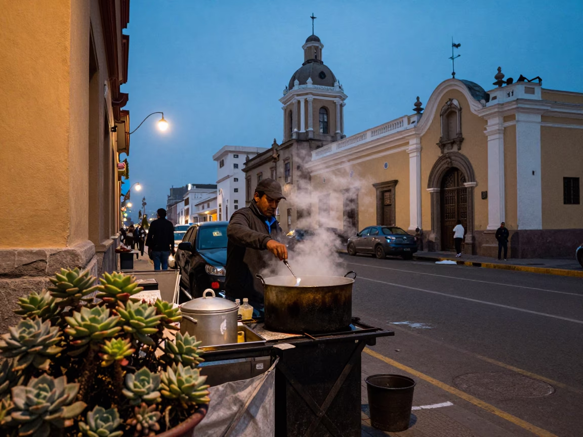 Lima Peru Blue Hour Street Scene with Cooking Pot and Succulents in in Lima, Peru