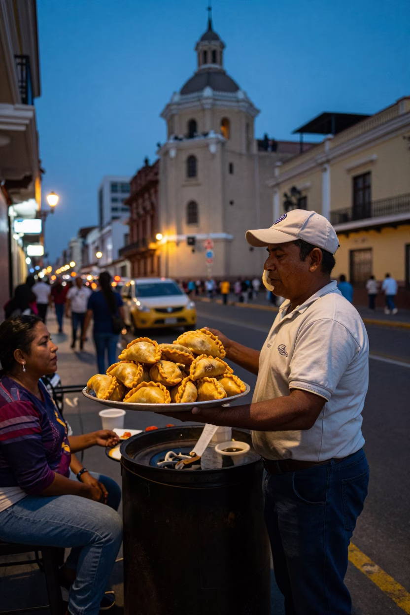 Lima Peru Blue Hour Street Scene with Golden Empanadas and Local Interaction in in Lima, Peru