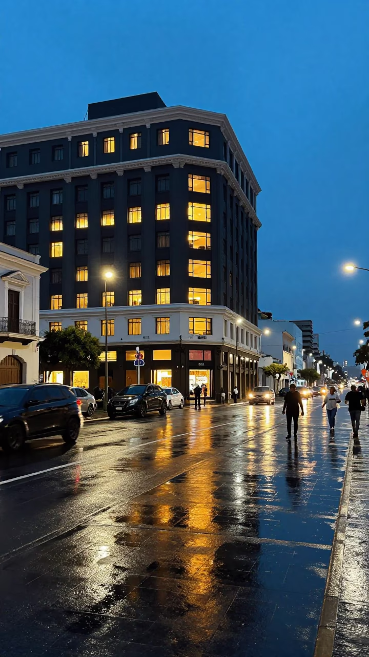 Lima Peru Blue Hour Street Scene with Hotel Reflections and Wet Pavement in in Lima, Peru