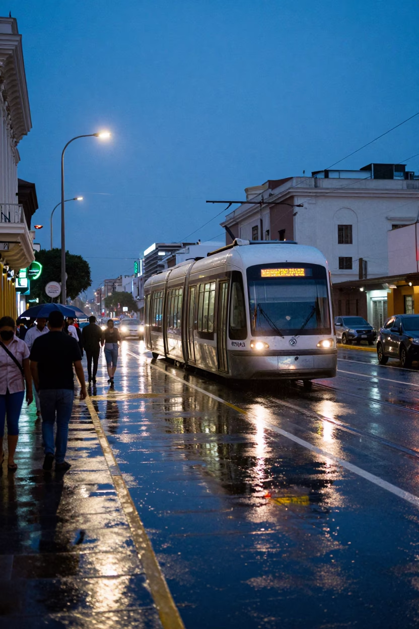 Lima Peru Blue Hour Street Scene with Monorail Reflections in Wet Pavement in in Lima, Peru