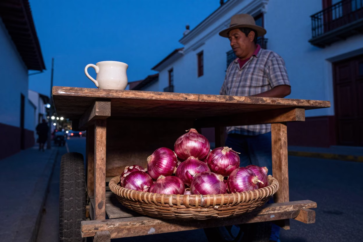 Lima Peru Blue Hour Street Scene with Onions and Ceramic Cup in in Lima, Peru