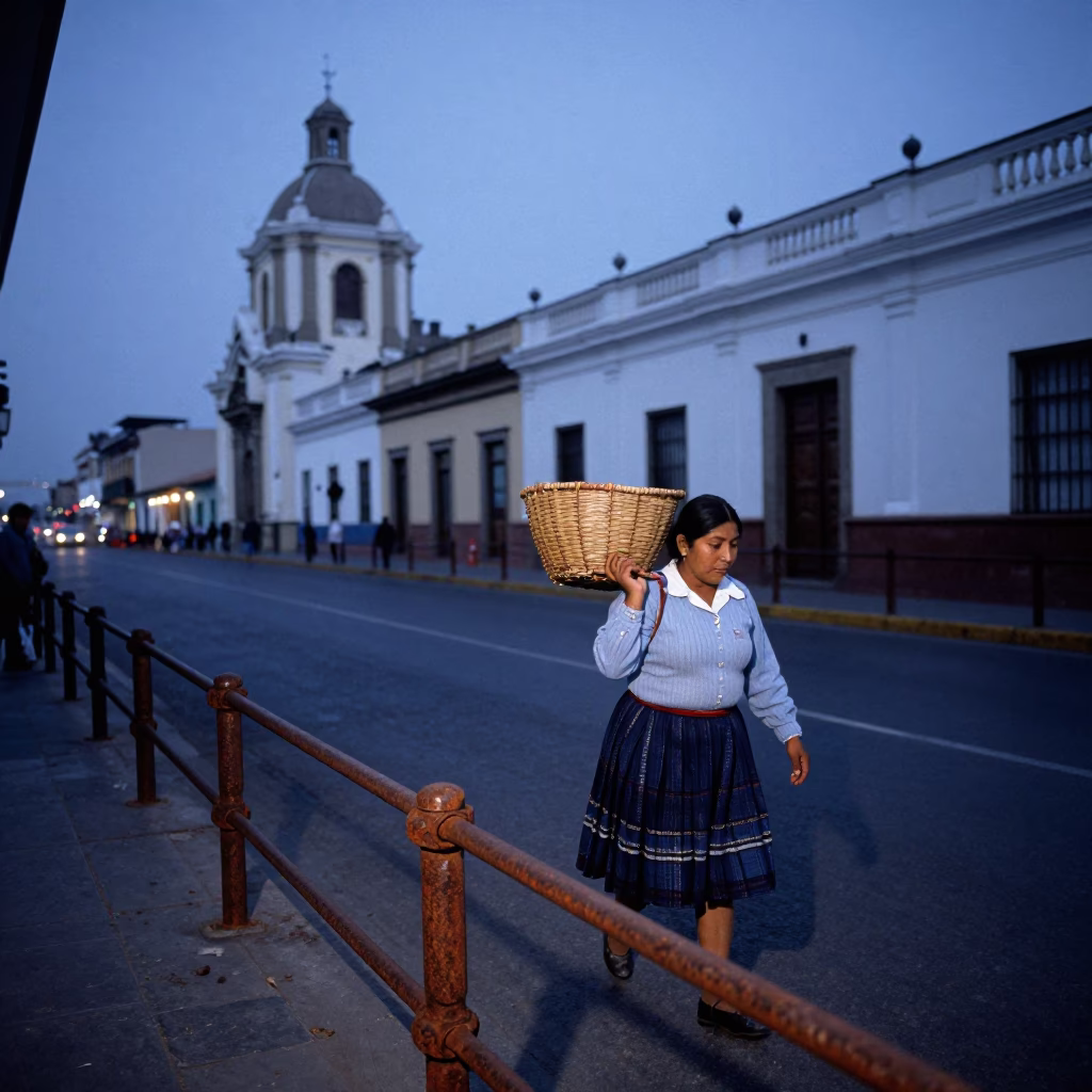 Lima Peru Blue Hour Street Scene with Rusty Railings and Woven Basket in in Lima, Peru