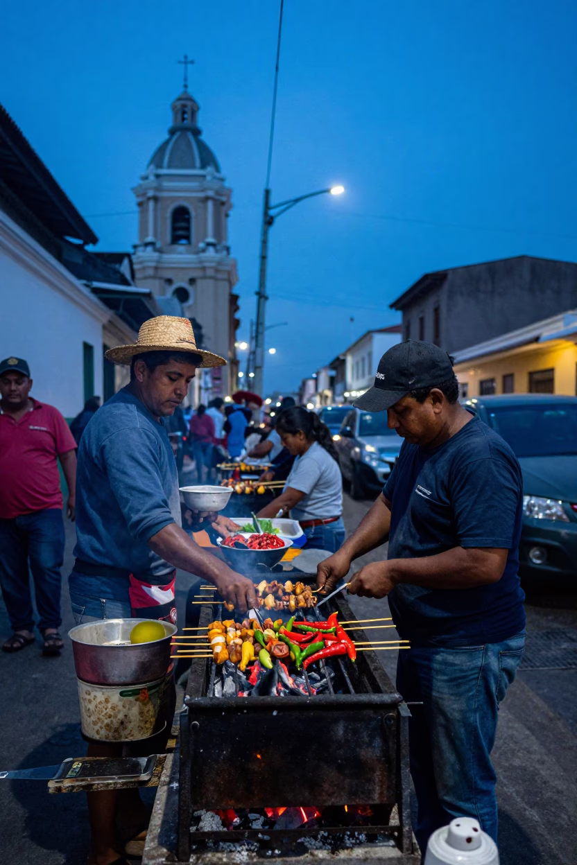 Lima Peru Blue Hour Street Scene with Sate Skewers and Chili Peppers in in Lima, Peru