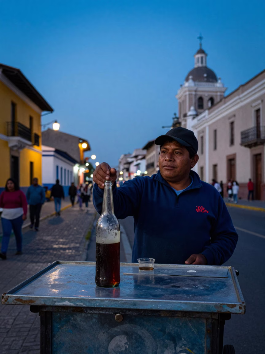 Lima Peru Blue Hour Street Scene with Smudged Bottle Neck and Local Interaction in in Lima, Peru