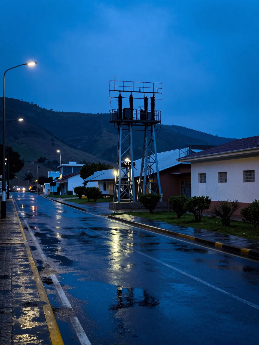 Lima Peru Blue Hour Street Scene with Substation Road and Steel Reflections in in Lima, Peru