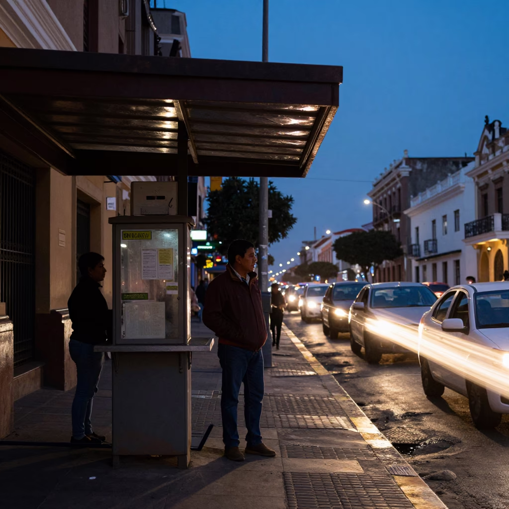 Lima Peru Blue Hour Street Scene with Valet Stand and Headlight Streaks in in Lima, Peru