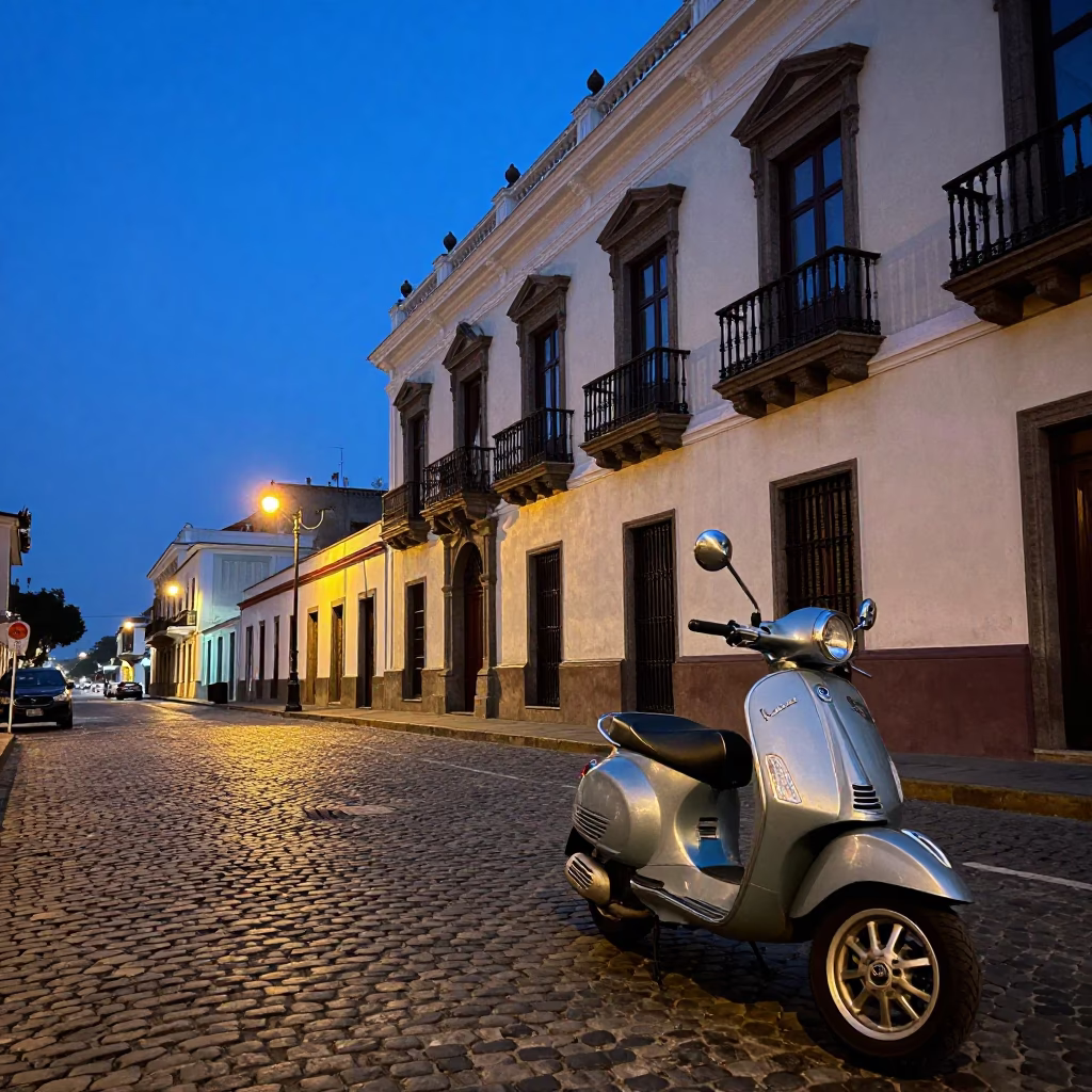 Lima Peru Blue Hour Street Scene with Vintage Vespa on Cobblestone Lane in in Lima, Peru