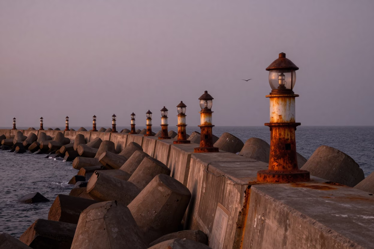 Lima Peru Coastal Breakwater Warning Beacons Dusk Light Photography in in Lima, Peru