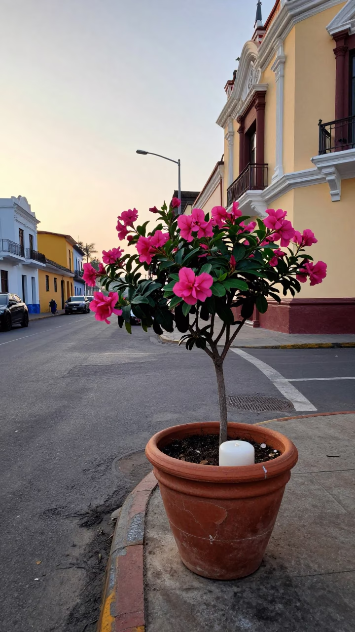 Lima Peru Dawn Street Scene with Flowering Plant and Soap Residue Drain in in Lima, Peru