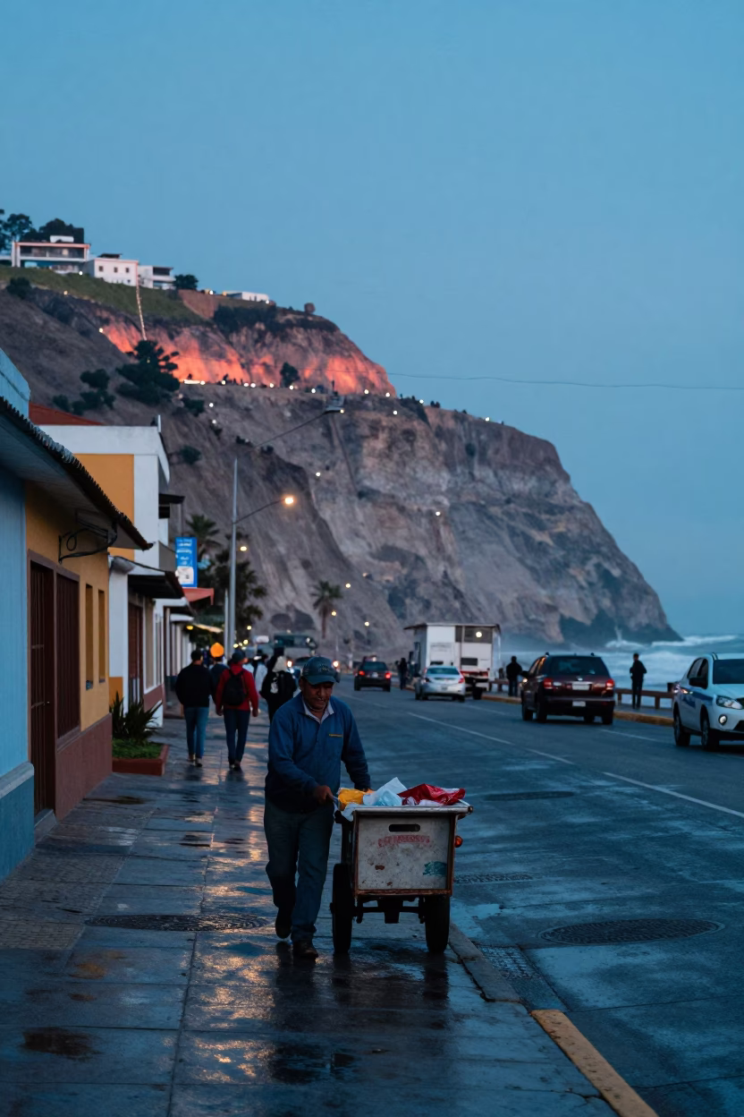 Lima Peru Dawn Street Scene with Grease Sheen on Concrete Sidewalk in in Lima, Peru