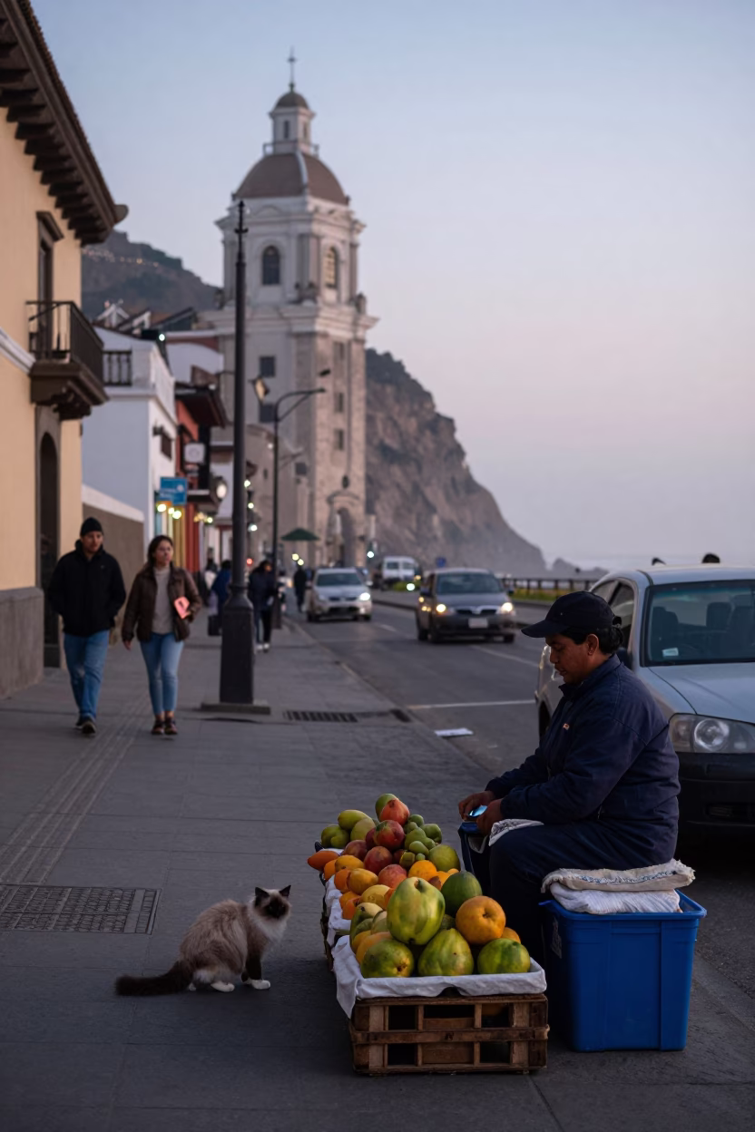 Lima Peru Dawn Street Scene with Local Vendor and Cat at First Light in in Lima, Peru