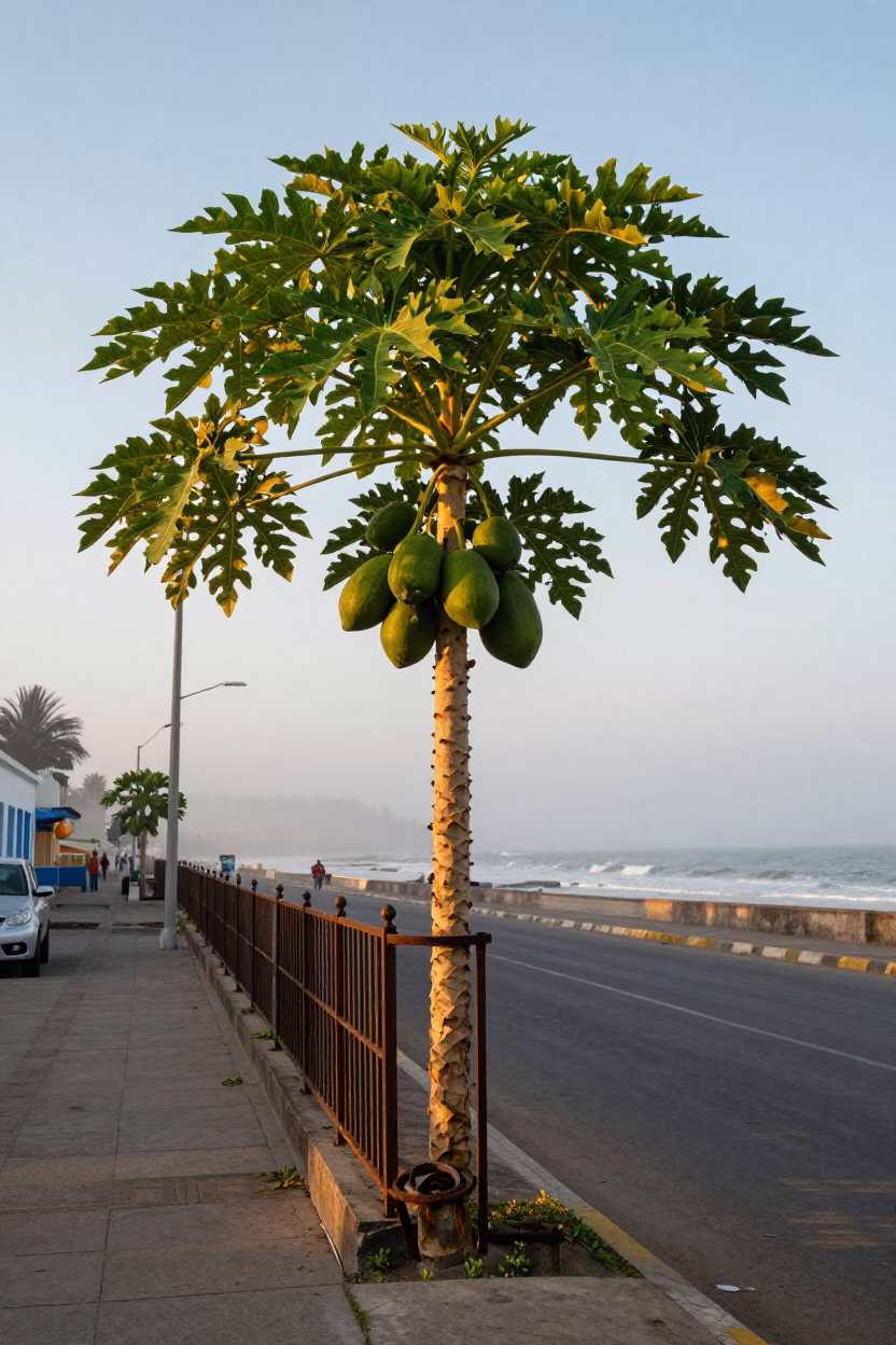 Lima Peru Dawn Street Scene with Papaya Tree and Turnbuckle Details in in Lima, Peru