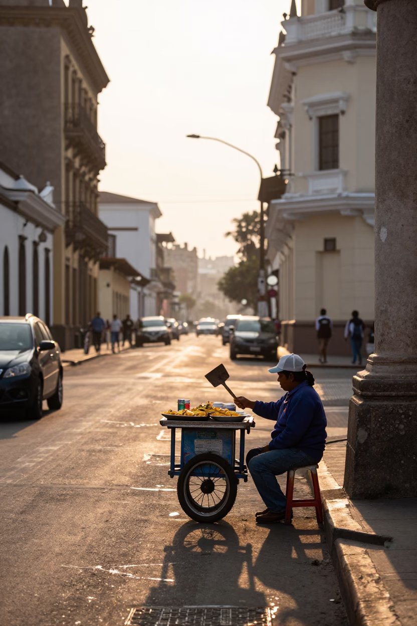 Lima Peru Dawn Street Scene with Trowel and Chilaquiles in in Lima, Peru