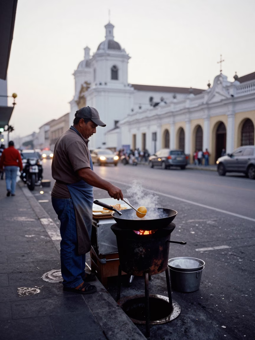Lima Peru Dawn Street Vendor Grease Drain and Kitchen Utensil Realistic 1950s Photography in in Lima, Peru