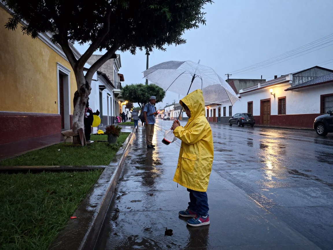Lima Peru Dusk Street Scene With Child And Gardener Under Light Rain in in Lima, Peru