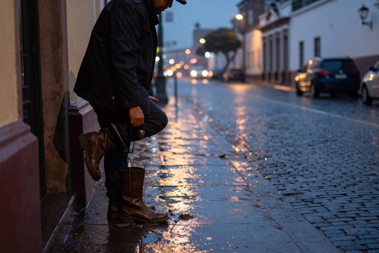 Lima Peru Dusk Street Scene with Rain Slipped Boots and Cobblestones in in Lima, Peru