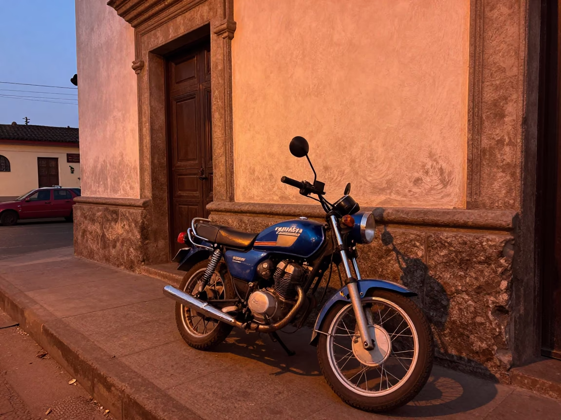 Lima Peru Dusk Street Scene with Vintage Motorcycle and Hanging Laundry in in Lima, Peru