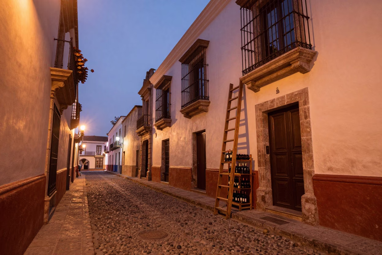 Lima Peru Dusk Street Scene with Wine Shop Ladder and Herb Vendor in in Lima, Peru