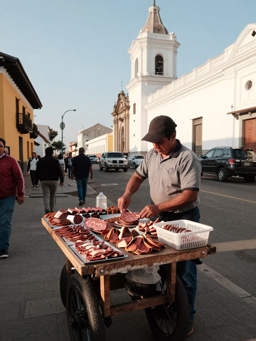 Lima Peru Early Afternoon Street Scene with Charcuterie and Local Market Interaction in in Lima, Peru