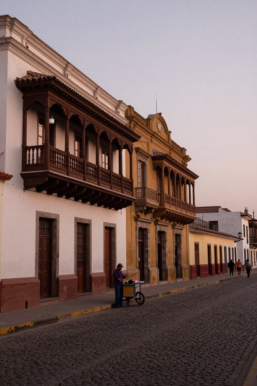 Lima Peru Early Evening Street Scene with Colonial Architecture and Local Life in in Lima, Peru
