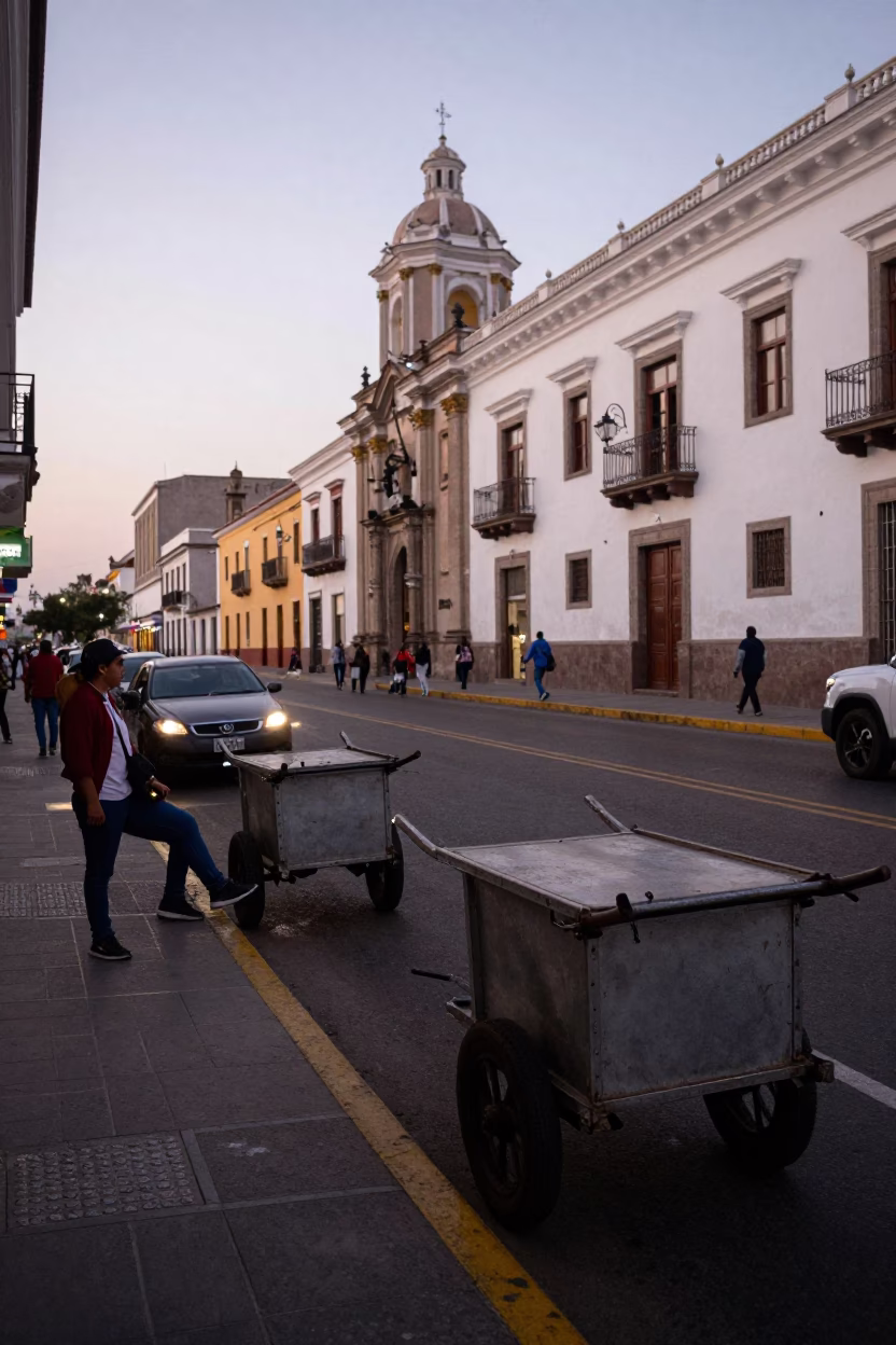 Lima Peru Early Evening Street Scene with Rolling Carts and Succulents in in Lima, Peru