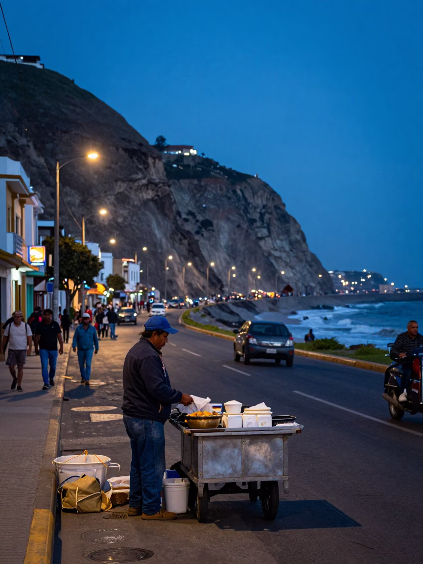 Lima Peru Evening Blue Hour Street Scene with Local Vendor and Coastal Horizon in in Lima, Peru