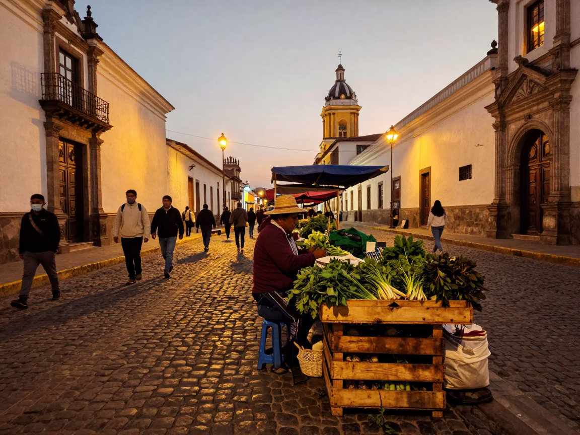 Lima Peru Evening Market Scene with Herb Vendor and Vintage Italian Majolica Plate in in Lima, Peru