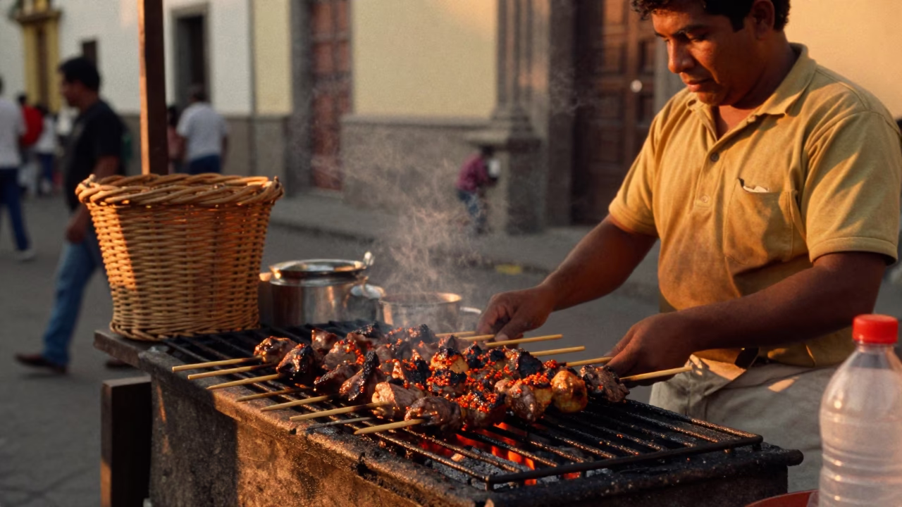 Lima Peru Evening Street Scene with Anticuchos Skewers and Wicker Basket Detail in in Lima, Peru