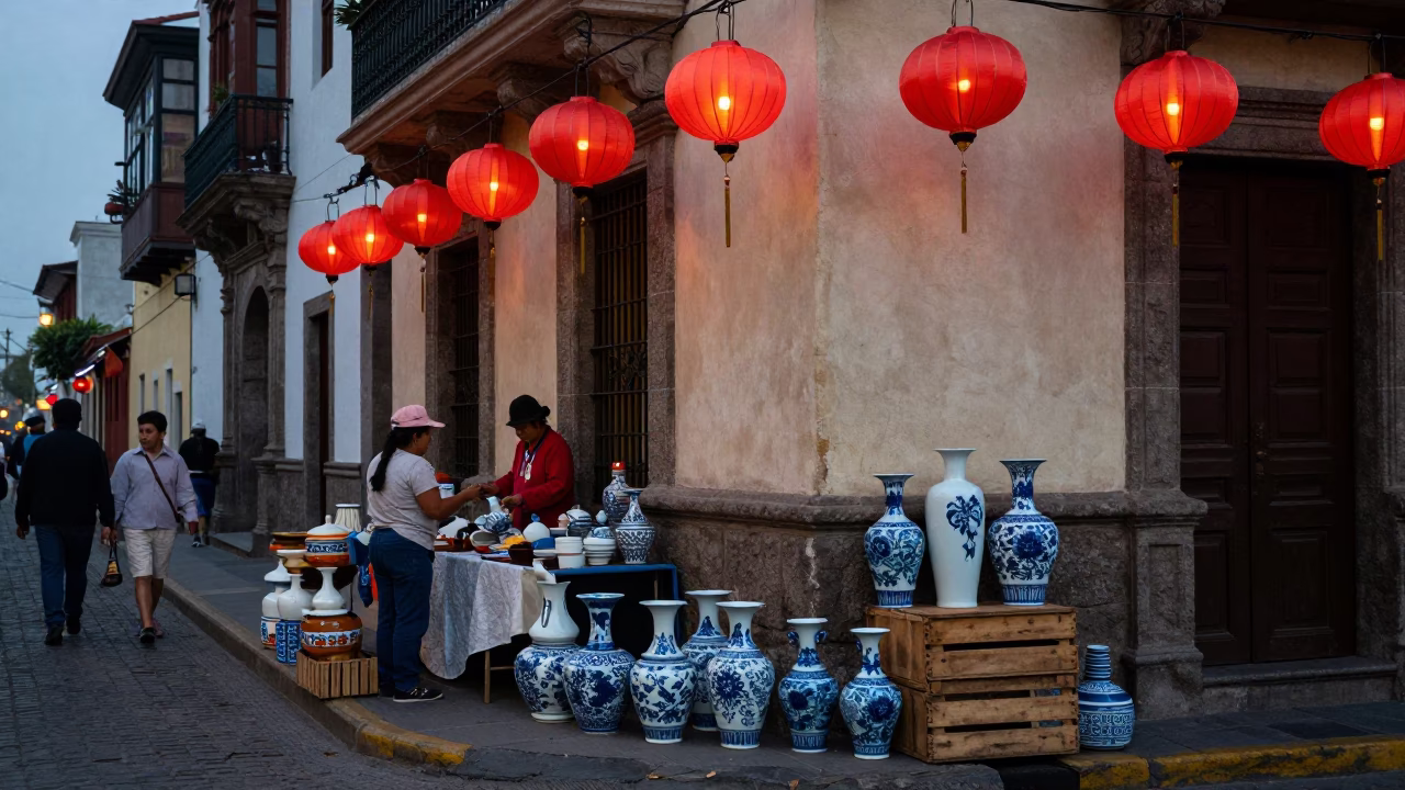 Lima Peru Evening Street Scene with Blue Porcelain and Night Market Lanterns in in Lima, Peru