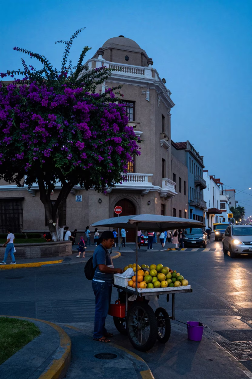 Lima Peru Evening Street Scene with Bougainvillea and Urban Reflections in in Lima, Peru