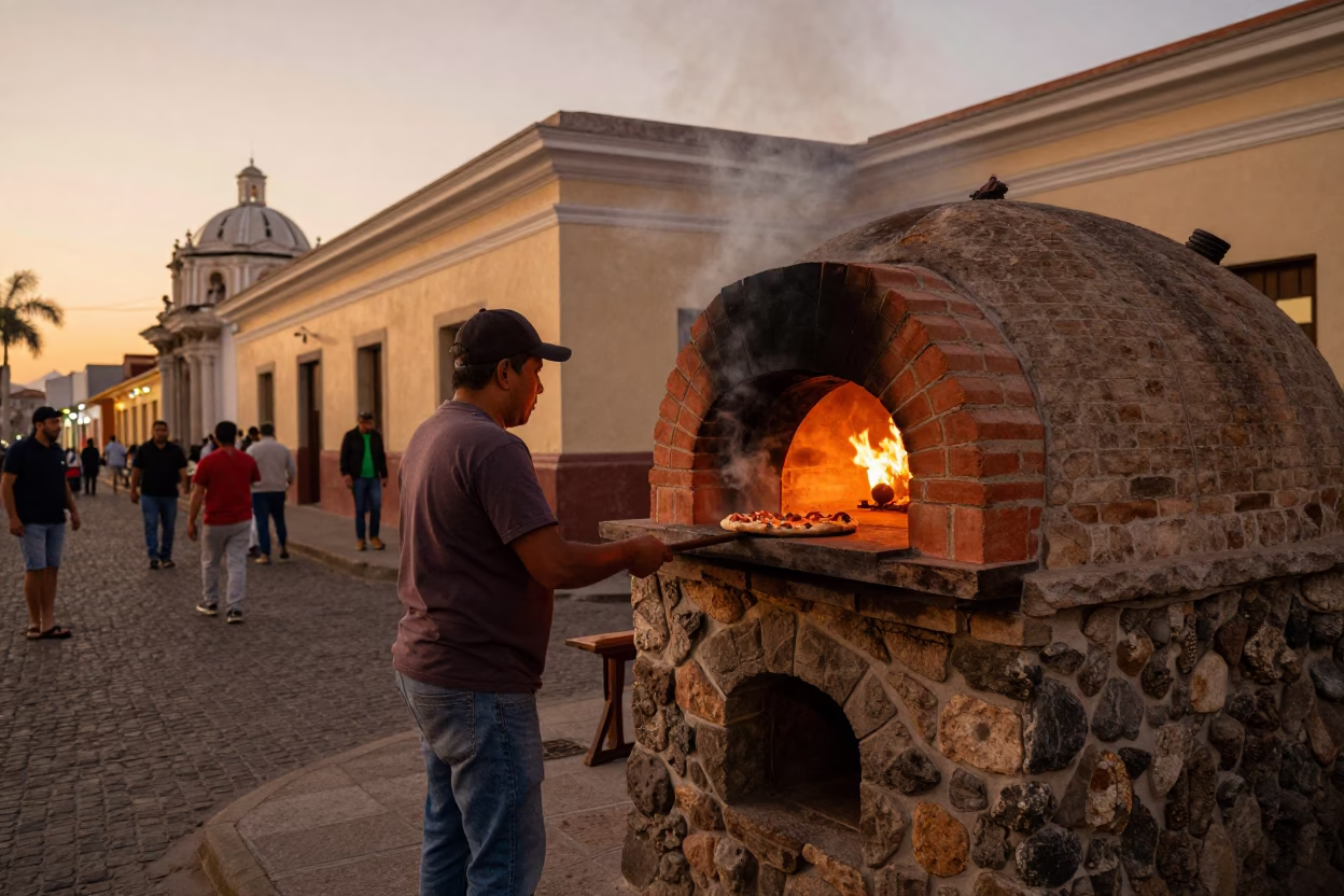 Lima Peru Evening Street Scene with Brick Oven Pizza and Local Market Details in in Lima, Peru