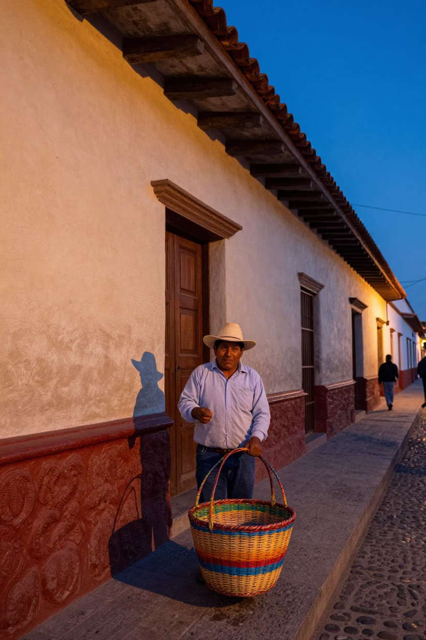 Lima Peru Evening Street Scene with Colorful Wicker Basket and Traditional Broom in in Lima, Peru
