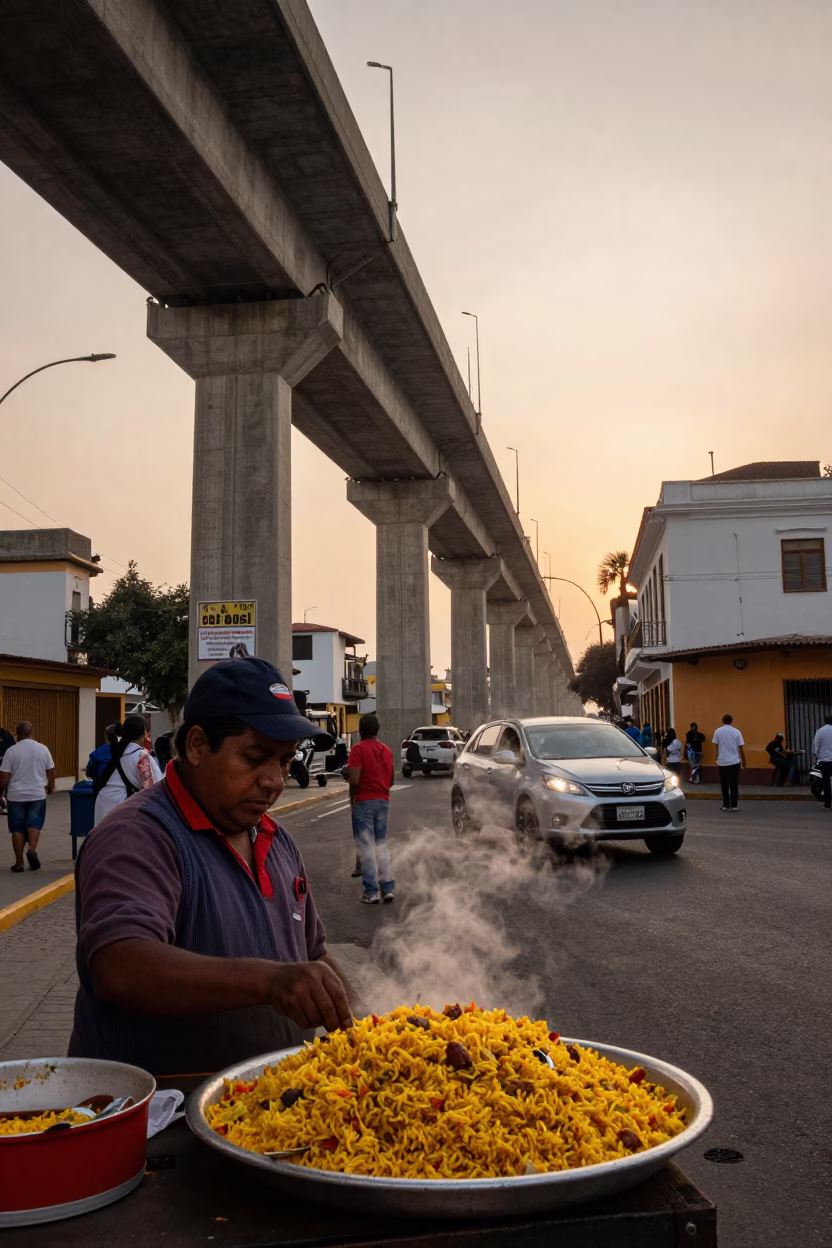 Lima Peru Evening Street Scene with Concrete Viaduct and Arroz con Pollo in in Lima, Peru