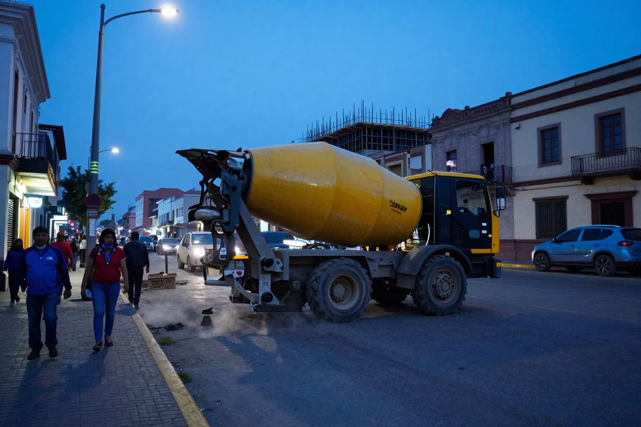 Lima Peru Evening Street Scene with Construction Mixer and Local Market Activity in in Lima, Peru